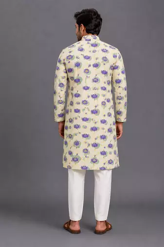 Off white printed cotton silk kurta set