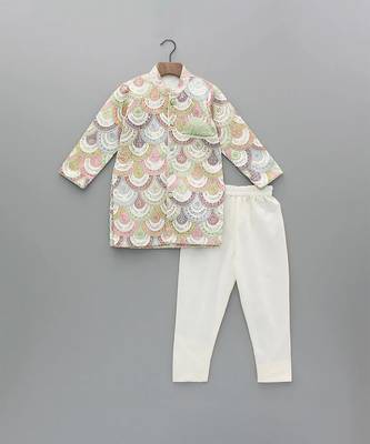 White embroidered cotton silk bandhgala set 1