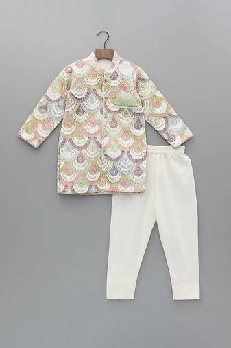 White embroidered cotton silk bandhgala set