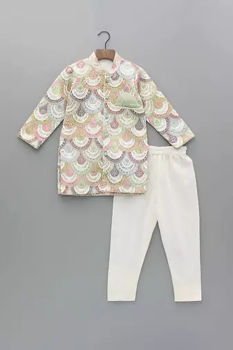 White embroidered cotton silk bandhgala set