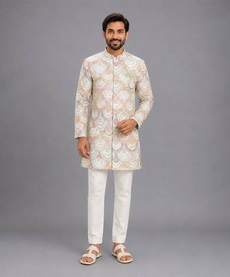 White embroidered cotton silk bandhgala set 5