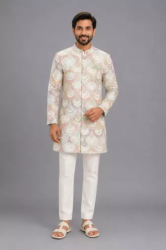 White embroidered cotton silk bandhgala set