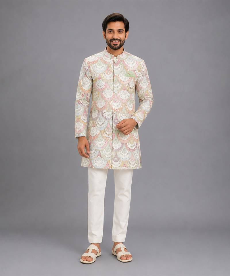 White embroidered cotton silk bandhgala set
