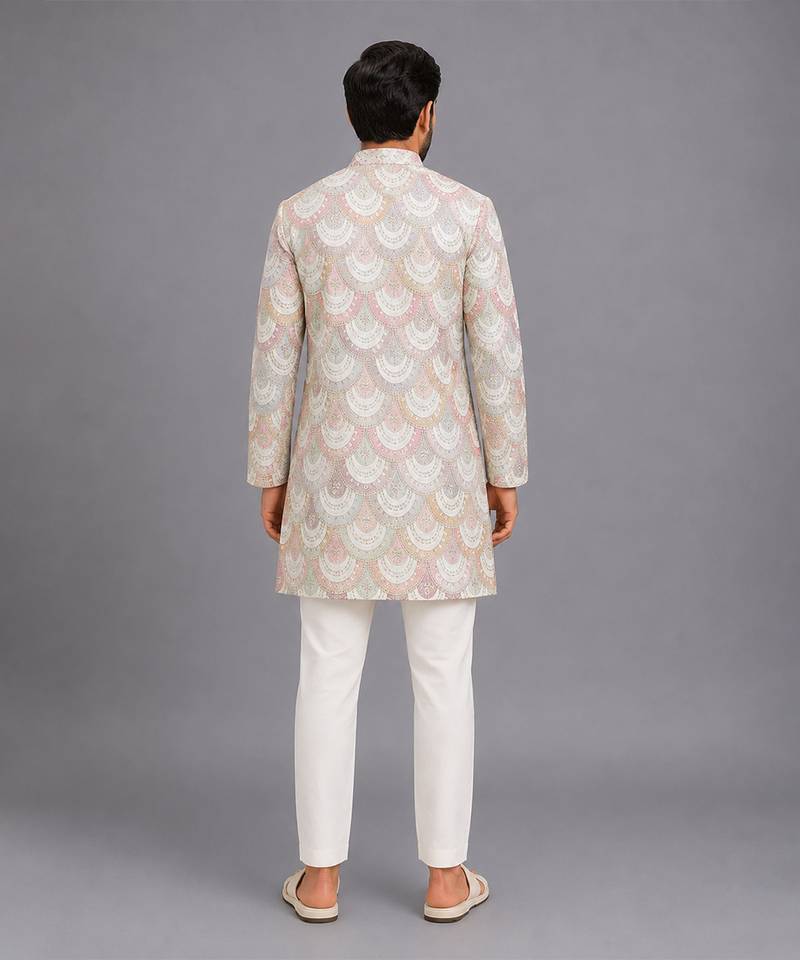 White embroidered cotton silk bandhgala set