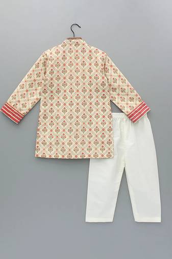Coral printed cotton silk kurta set