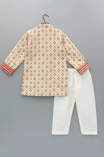 Coral printed cotton silk kurta set