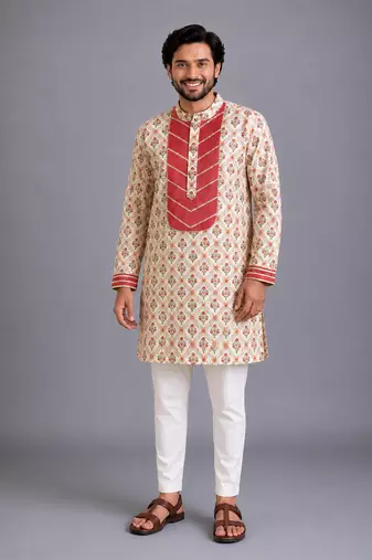 Coral printed cotton silk kurta set