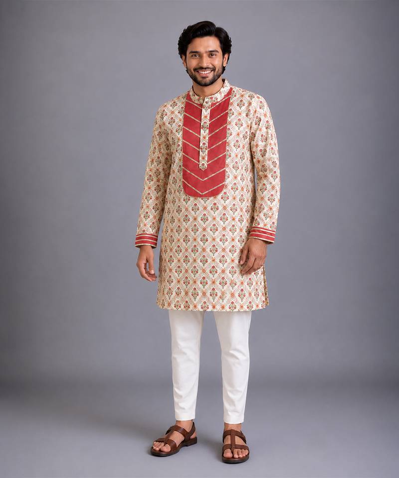 Coral printed cotton silk kurta set