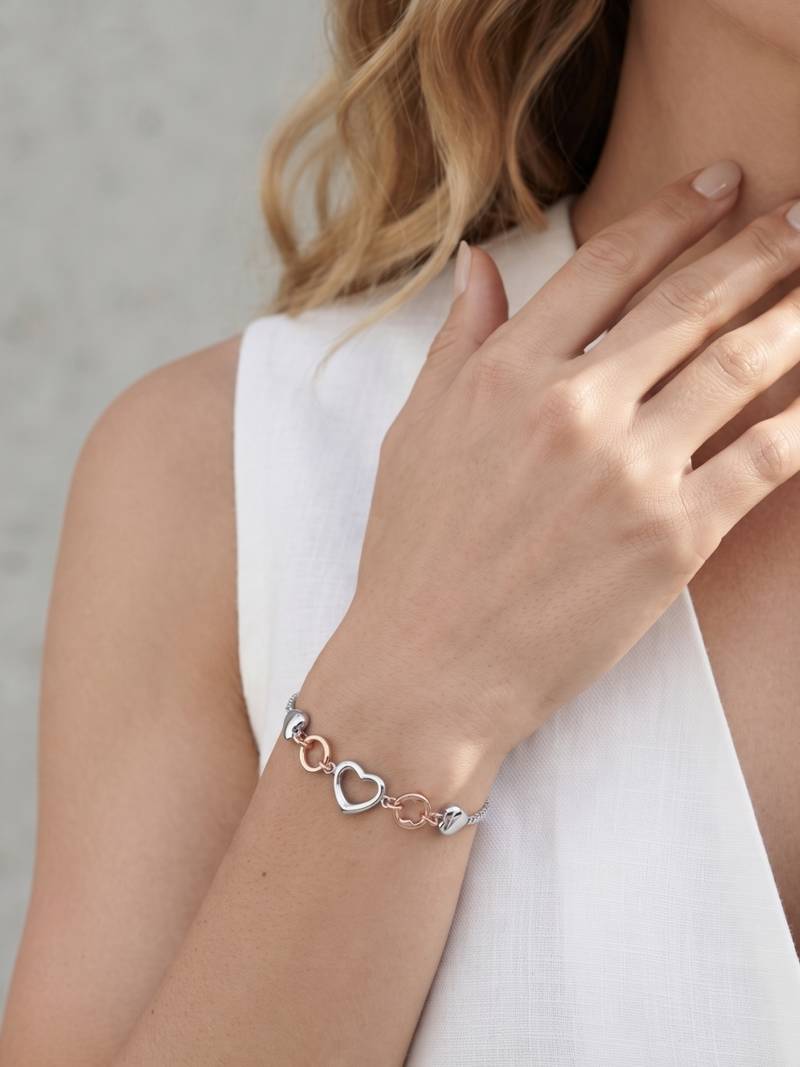 925 Sterling Silver Heart  & Rose Gold Heart Link Bracelet for Women