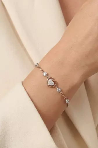  925 Sterling Silver and Rose Gold Heart Crystal Bracelet for Women
