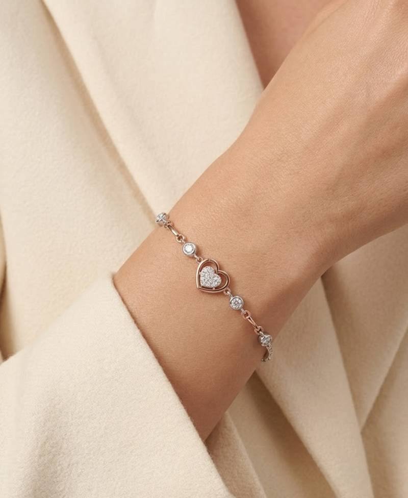  925 Sterling Silver and Rose Gold Heart Crystal Bracelet for Women