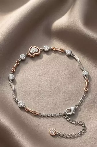  925 Sterling Silver and Rose Gold Heart Crystal Bracelet for Women