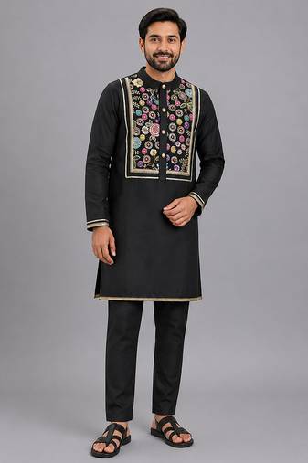 black embroidered cotton men kurta set