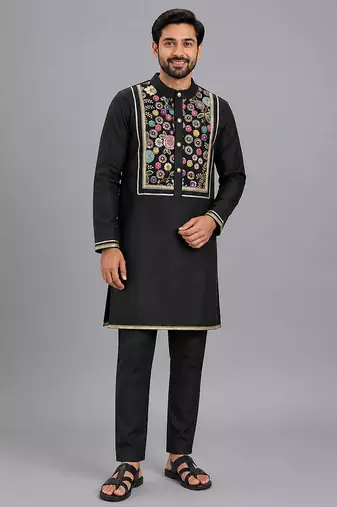 black embroidered cotton men kurta set
