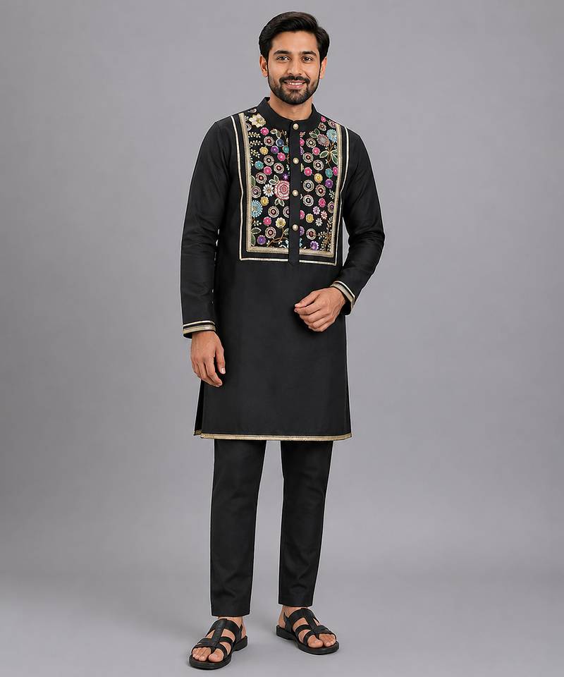 black embroidered cotton men kurta set