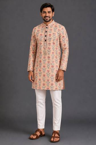 Rose pink printed cotton silk kurta set