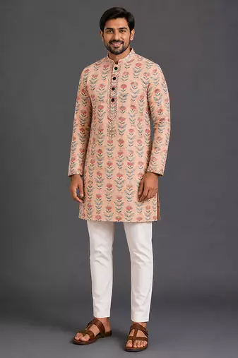 Rose pink printed cotton silk kurta set