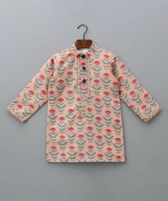 Rose pink printed cotton silk kurta set 5