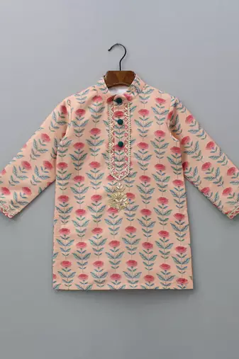 Rose pink printed cotton silk kurta set