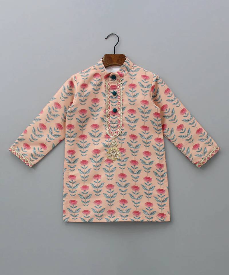 Rose pink printed cotton silk kurta set