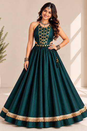 rama green roman silk  lehenga choli for festive wear