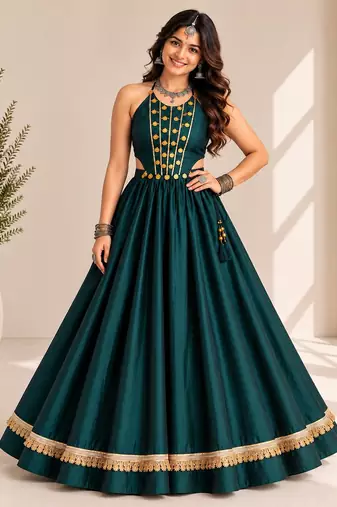 rama green roman silk  lehenga choli for festive wear