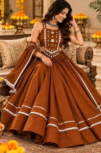 Chocolate brown  roman silk  lehenga choli for festive wear