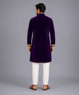 royal purple embroidered velvet men kurta set 1