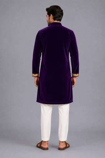 royal purple embroidered velvet men kurta set