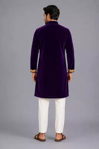 royal purple embroidered velvet men kurta set