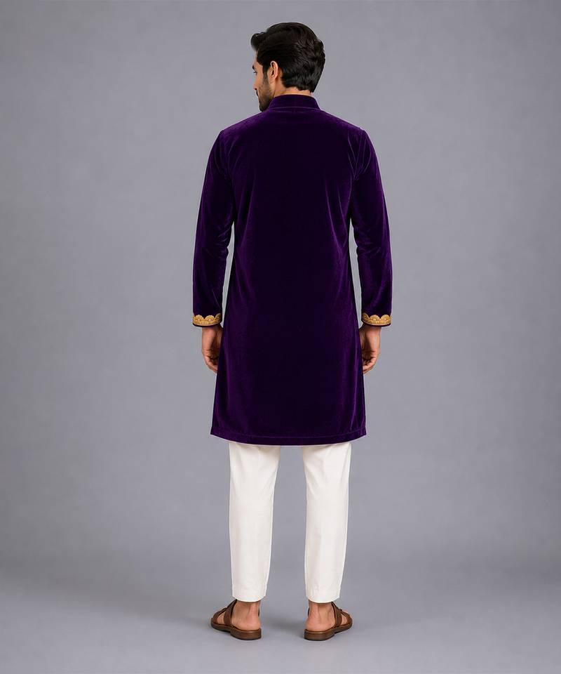 royal purple embroidered velvet men kurta set