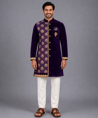 royal purple embroidered velvet men kurta set 2