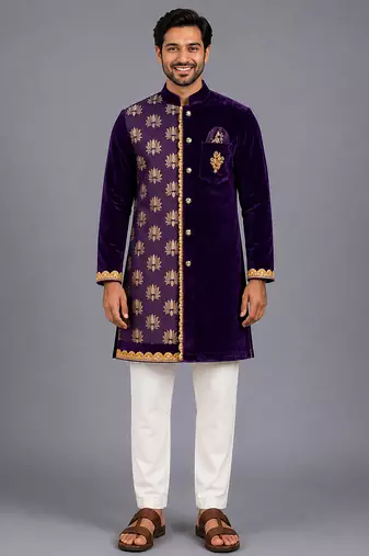 royal purple embroidered velvet men kurta set