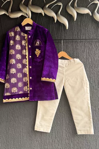 royal purple embroidered velvet men kurta set