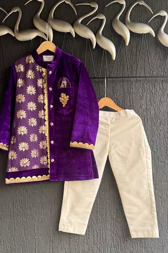 royal purple embroidered velvet men kurta set
