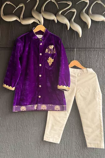 royal purple embroidered velvet men kurta set