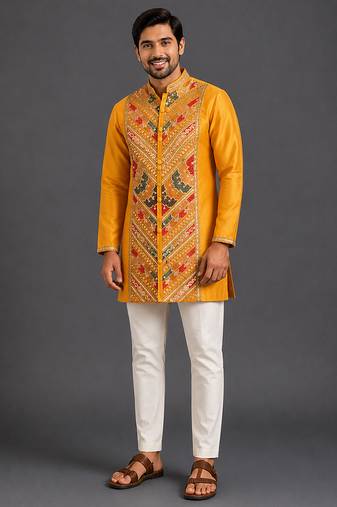 Mustard yellow embroidered cotton silk Men Kurta Set