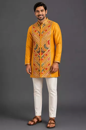 Mustard yellow embroidered cotton silk Men Kurta Set