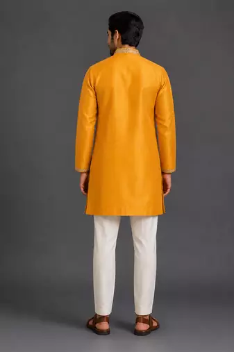 Mustard yellow embroidered cotton silk Men Kurta Set