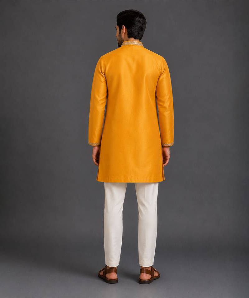 Mustard yellow embroidered cotton silk Men Kurta Set