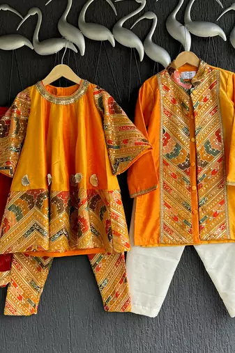 Mustard yellow embroidered cotton silk Men Kurta Set