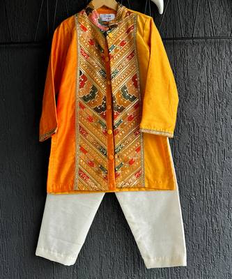 Mustard yellow embroidered cotton silk Men Kurta Set 4