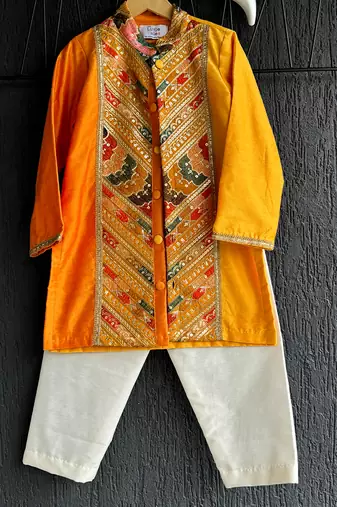 Mustard yellow embroidered cotton silk Men Kurta Set