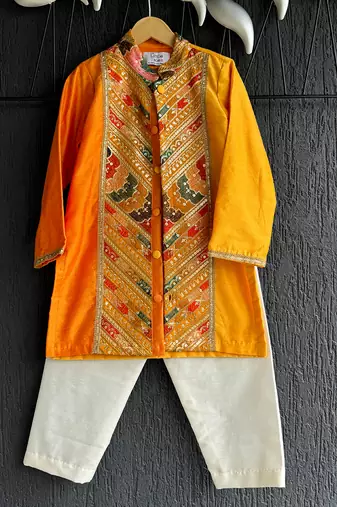 Mustard yellow embroidered cotton silk Men Kurta Set