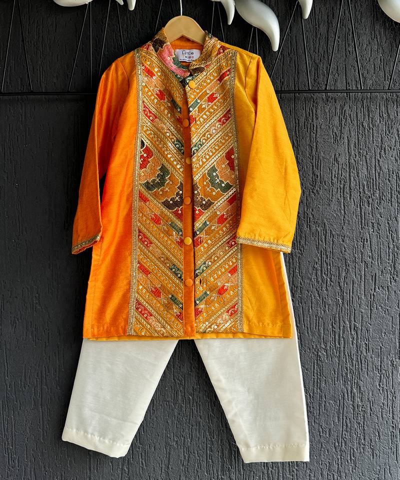 Mustard yellow embroidered cotton silk Men Kurta Set