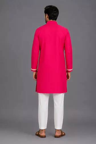 pink embroidered cotton silk kurta set for men
