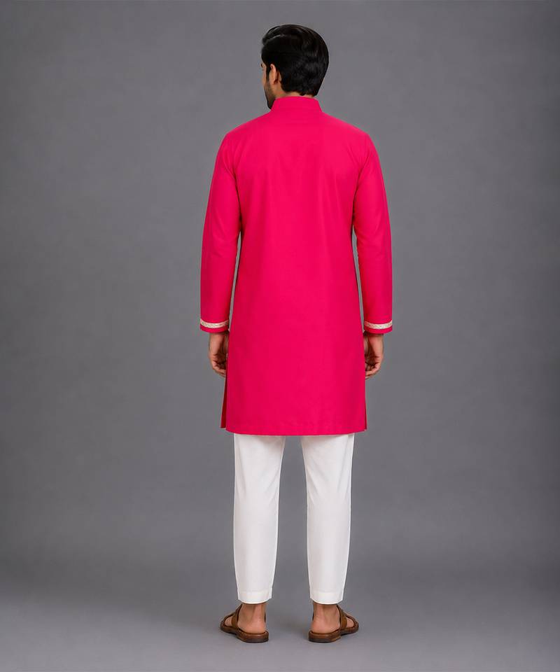 pink embroidered cotton silk kurta set for men