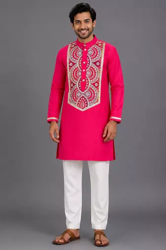 pink embroidered cotton silk kurta set for men