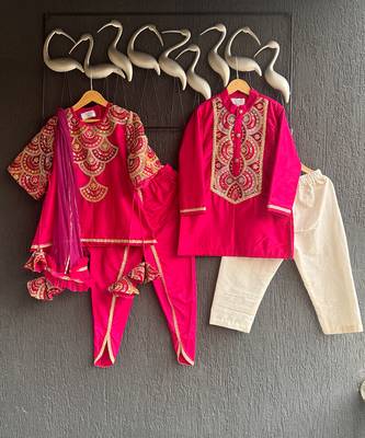 pink embroidered cotton silk kurta set for men 4