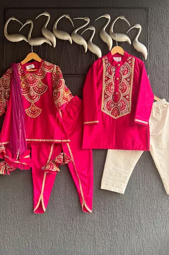 pink embroidered cotton silk kurta set for men